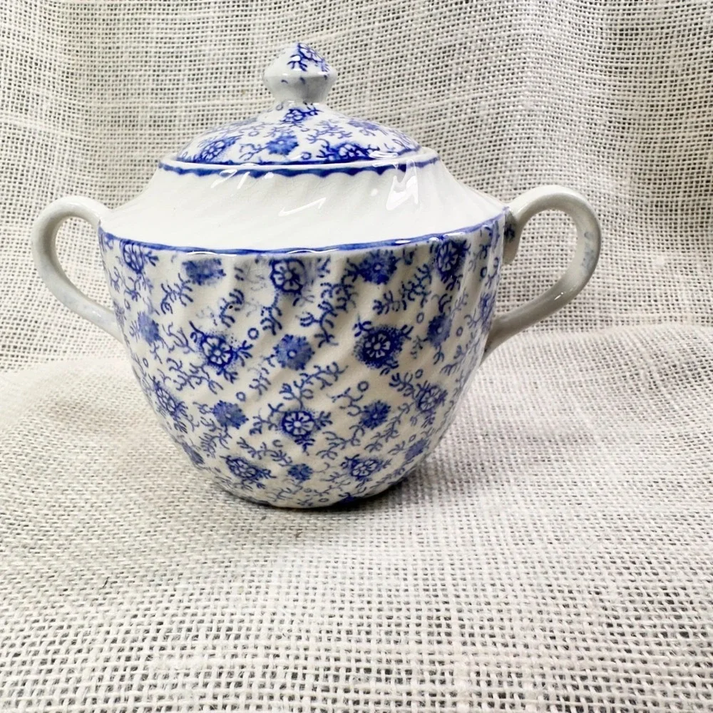 English Anchor Blue White Transferware Covered‎ Sugar Bowl England